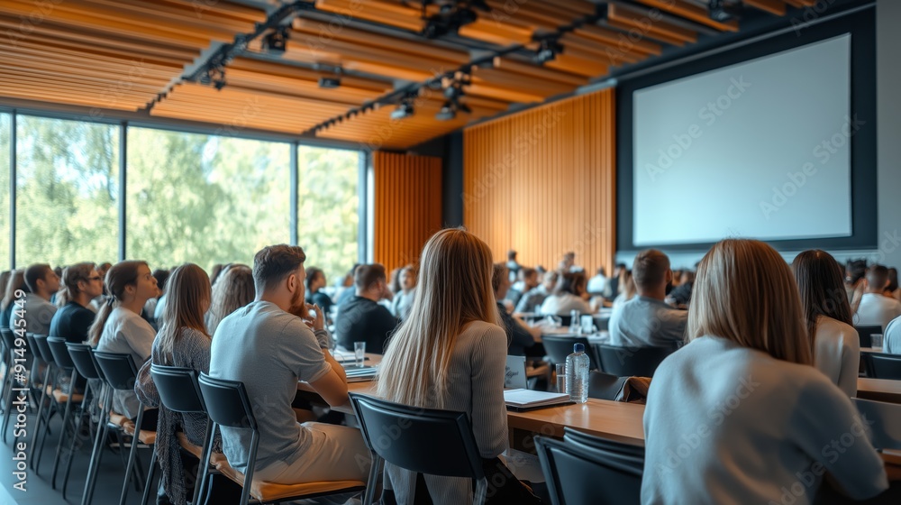 Fototapeta premium Diverse group participates in an engaging seminar within a modern conference room, showcasing collaboration and knowledge sharing.