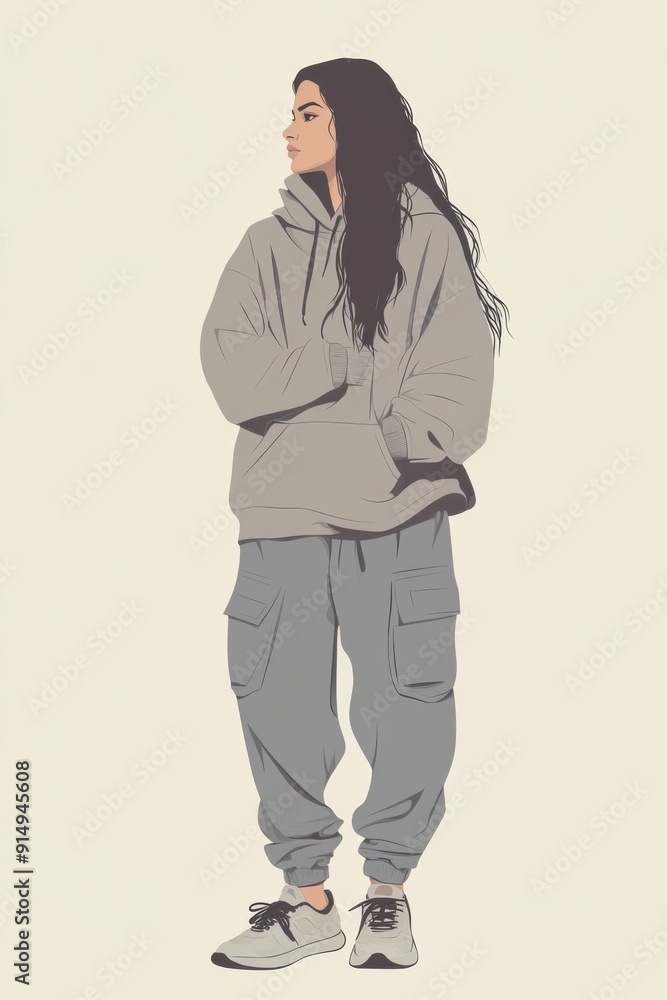 Fototapeta premium Minimalism illustration, a Middle Eastern woman, wearing a cozy hoodie with cargo pants and running shoes, standing with arms folded, casual fashion, boho, flat illustration on light sage background