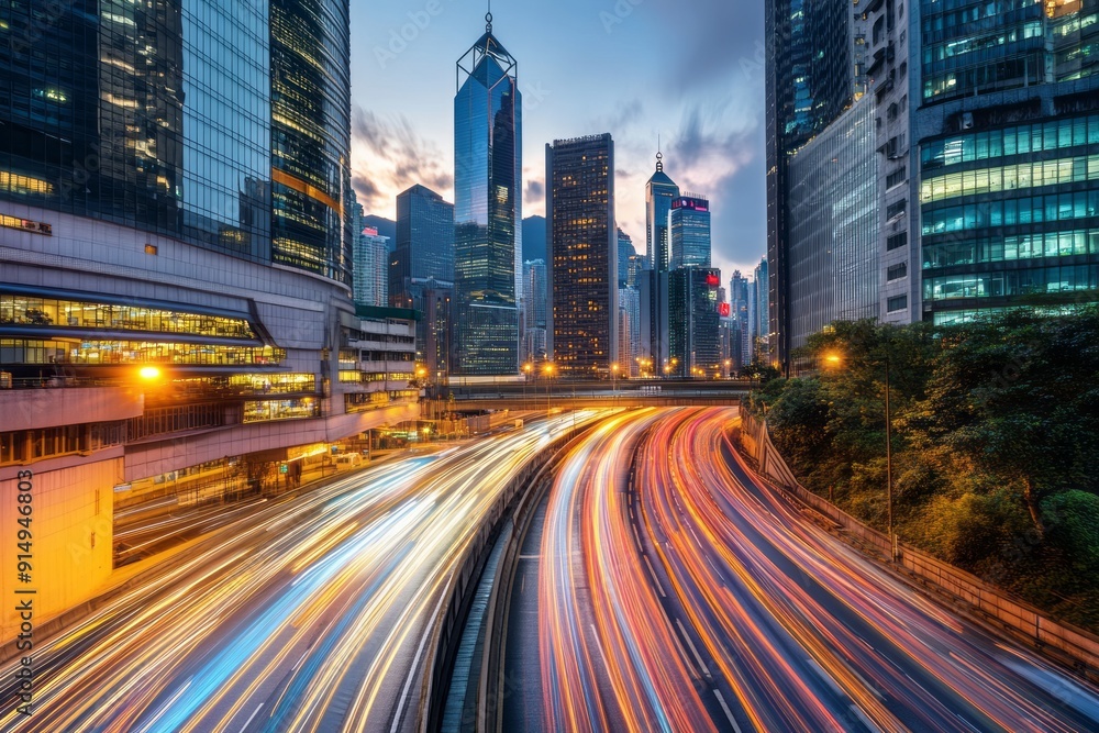 A vibrant cityscape at dusk featuring skyscrapers and a busy highway. A vibrant cityscape at dusk featuring skyscrapers and a busy highway.
