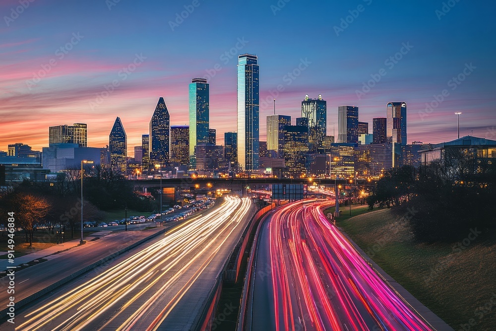 A vibrant cityscape of Houston, Texas, showcasing skyscrapers against a colorful sunset.