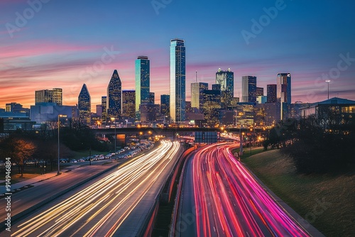 Obraz na płótnie A vibrant cityscape of Houston, Texas, showcasing skyscrapers against a colorful sunset. w salonie