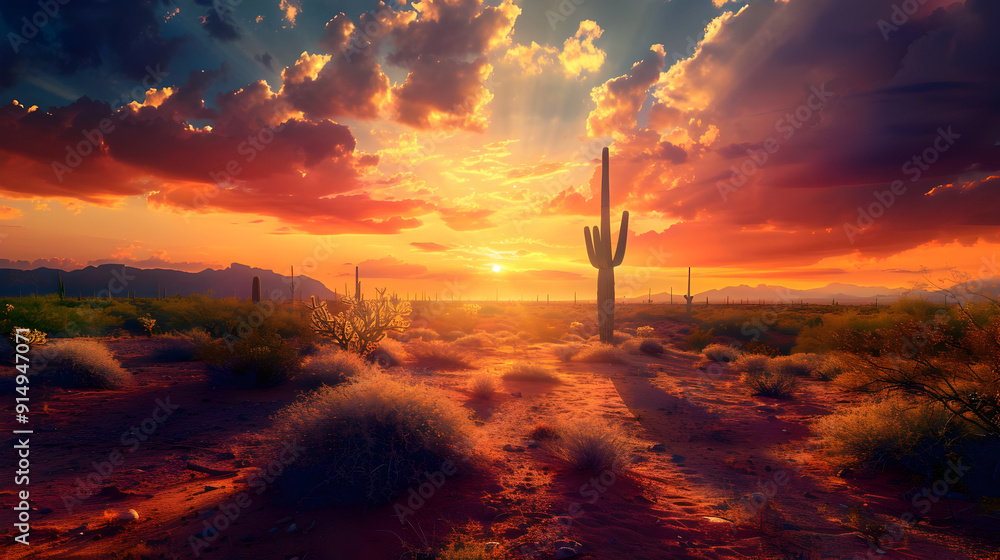 Obraz premium Desert Sunset with Cactus Landscape Photo