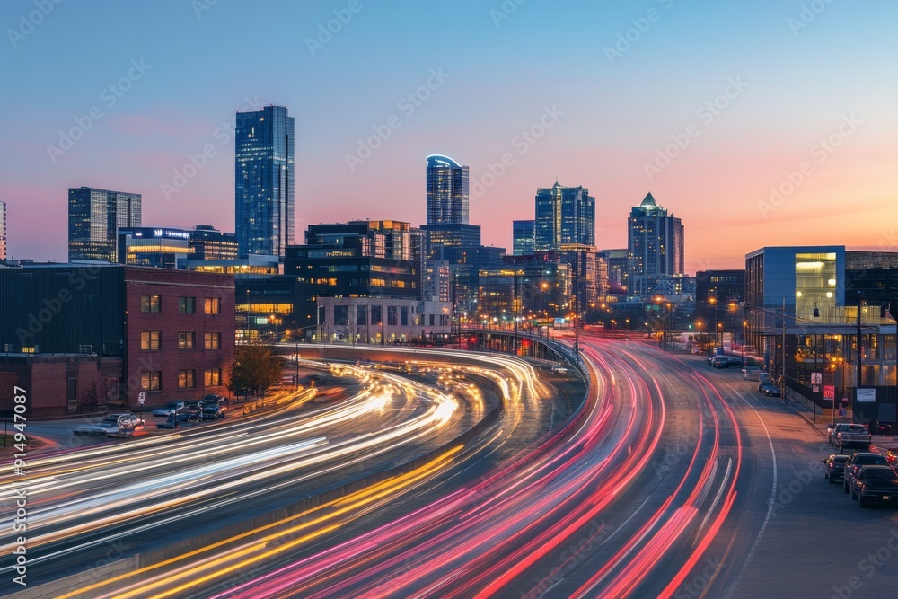 Obraz premium A vibrant city skyline at dusk, showcasing tall buildings and a busy road with light trails from moving vehicles.