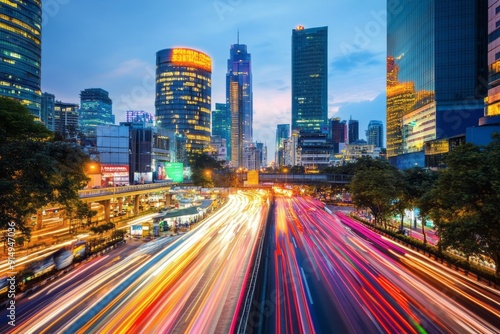 A vibrant cityscape at dusk, showcasing skyscrapers and busy traffic with light trails.