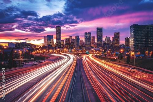 A vibrant city skyline at dusk with colorful clouds and light trails from moving vehicles on a highway.