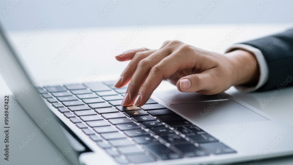 Close-up of woman hands typing document on keyboard in laptop computer notebook concept finance banking management business Close-up of woman hands typing document on keyboard in laptop computer notebook concept finance banking management business
