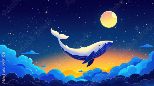 A whimsical whale glides through a starry night sky, emerging from fluffy cloudsa captivating photo wallpaper design. photo