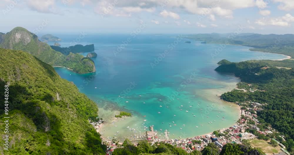 Drone view of El Nido. Blue sky and clouds. Palawan. Philippines. Drone view of El Nido. Blue sky and clouds. Palawan. Philippines.