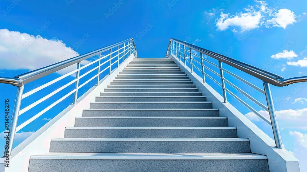 Fototapeta premium A modern stairway leading upward against a bright blue sky, symbolizing progress, motivation, and new heights.
