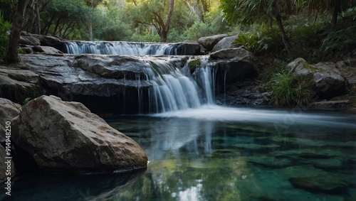 Tranquil landscape with a small, tranquil waterfall cascading into a clear pool