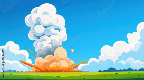 A captivating modern illustration of an unexploded bomb erupting in an open field, spewing smoke and fire.
