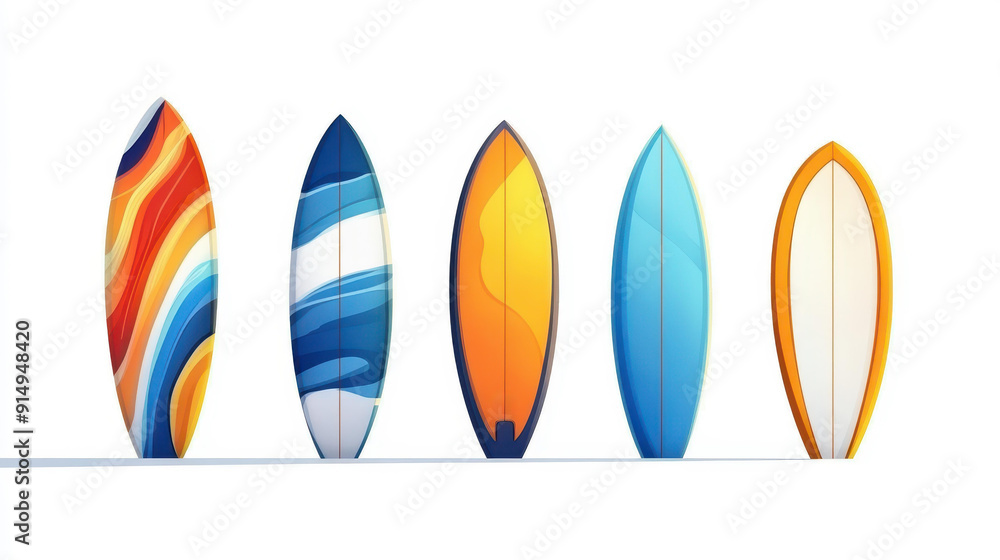 Four colorful surfboards stand out on a crisp white background, showcasing vibrant designs in a cartoonish style. Four colorful surfboards stand out on a crisp white background, showcasing vibrant designs in a cartoonish style.