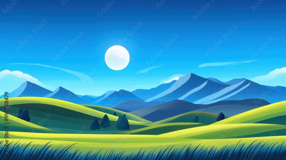 Obraz premium A vivid scene of a full moon illuminating the serene mountain landscape, bringing a whimsical touch to natures beauty.