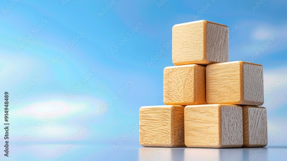 A stack of wooden blocks against a blue sky, symbolizing creativity and childhood development in a playful environment. A stack of wooden blocks against a blue sky, symbolizing creativity and childhood development in a playful environment.