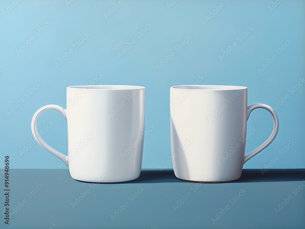 Two White Mugs on a Blue Surface Two White Mugs on a Blue Surface