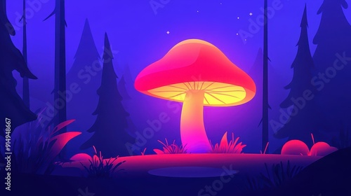 A vibrant glowing mushroom lights up a mystical forest, casting an enchanting aura in this modern cartoon flat illustration.