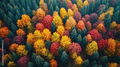 An aerial view of a vibrant autumn forest, breathtaking 4k resolution, super-resolution preserves nuances with some grain