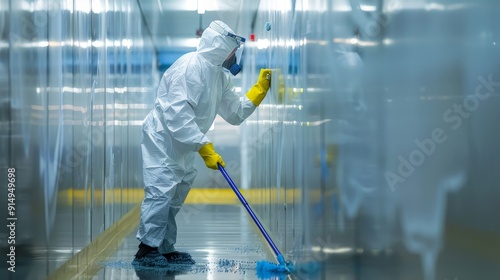 A worker in protective safety gear mops down a wall, ensuring it remains spotless and hygienic. Their meticulous efforts are essential for maintaining a sanitary environment.