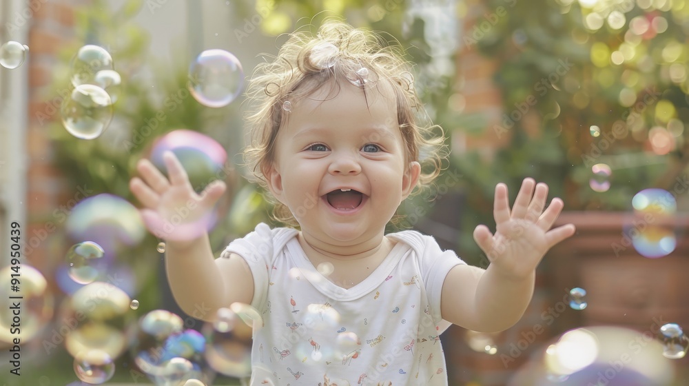 Capture the excitement of a baby playing with bubbles, their hands reaching out and their laughter filling the air. Capture the excitement of a baby playing with bubbles, their hands reaching out and their laughter filling the air.