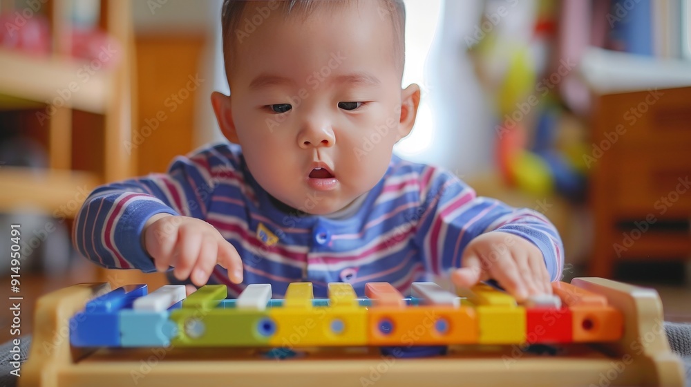 Capture the moment of a baby playing with a toy xylophone, their hands tapping the keys and their face filled with delight. Capture the moment of a baby playing with a toy xylophone, their hands tapping the keys and their face filled with delight.