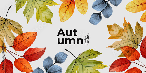 Autumn seasonal background with frame made of falling autumn yellow, red, orange and green colored leaves with overlay effect on white background with place for text. Trendy Fall vector illustration.
