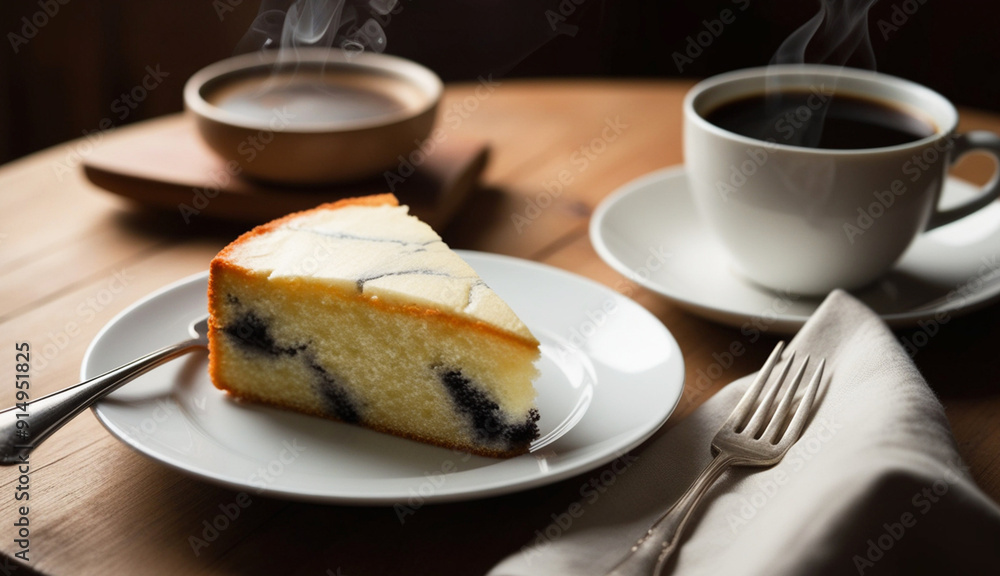 Slice of Blueberry Cake with Coffee in Cozy Setting Slice of Blueberry Cake with Coffee in Cozy Setting