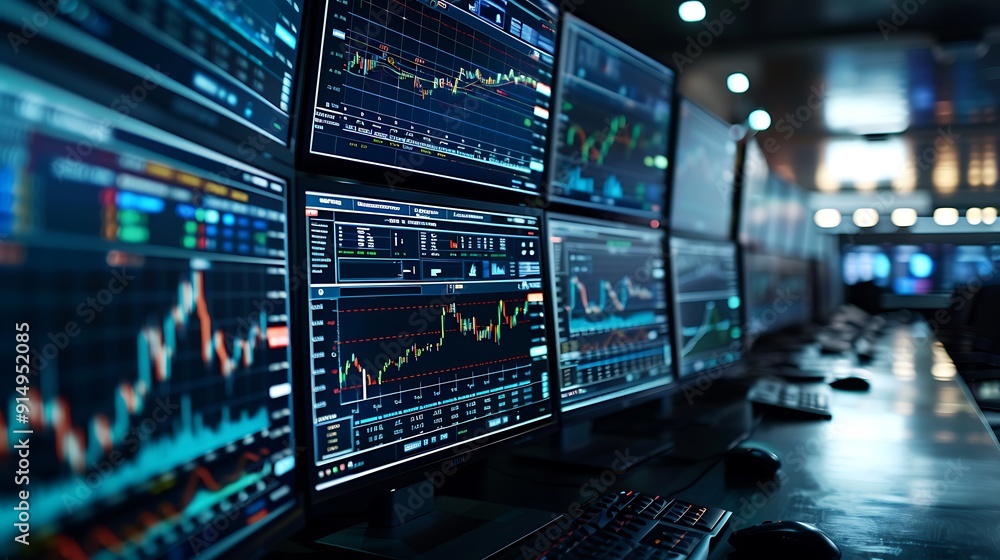A clear and detailed image of a graphical user interface displaying stock trading algorithms, featuring intricate charts and data points on multiple monitors. A clear and detailed image of a graphical user interface displaying stock trading algorithms, featuring intricate charts and data points on multiple monitors.