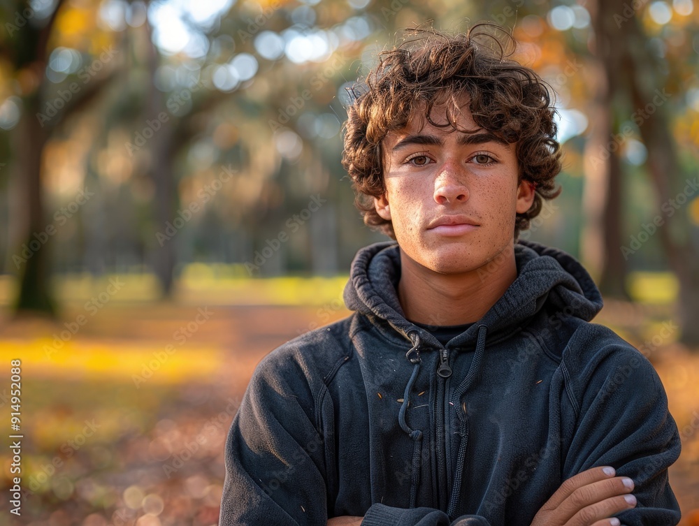Confident young man with curly hair in a sunlit autumn park, wearing a hoodie. Confident young man with curly hair in a sunlit autumn park, wearing a hoodie.
