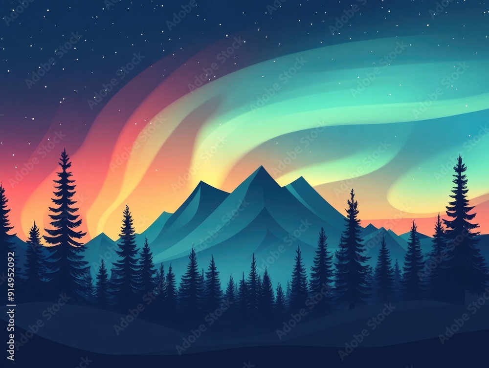 Mesmerizing flat design showcasing the natural wonder of the northern lights or aurora borealis dancing across the night sky in a breathtaking celestial display Mesmerizing flat design showcasing the natural wonder of the northern lights or aurora borealis dancing across the night sky in a breathtaking celestial display
