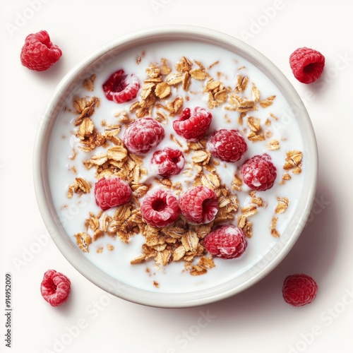 Crispy Granola Delight: A Bowl of Nutritious and Inviting Healthy Breakfast with Fresh Raspberries and a Touch of Milk. photo