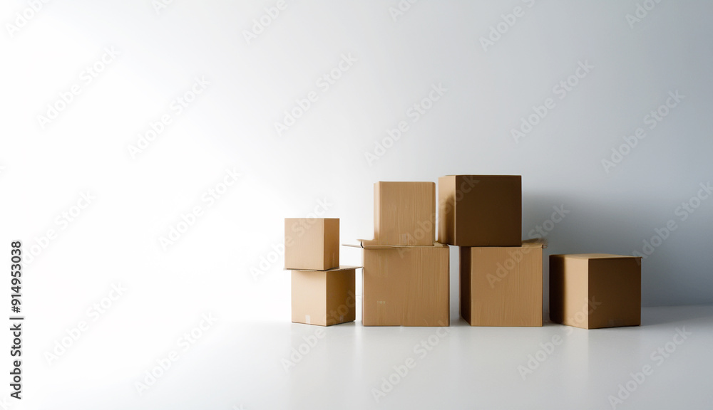 Fototapeta premium Stacked cardboard boxes on white background, symbolizing shipping and moving concept
