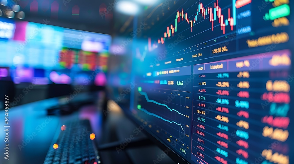 A crisp photograph of a stock market dashboard with vibrant graphs and live indicators, displayed on a large monitor. The background features a clean and organized office with ambient lighting, A crisp photograph of a stock market dashboard with vibrant graphs and live indicators, displayed on a large monitor. The background features a clean and organized office with ambient lighting,