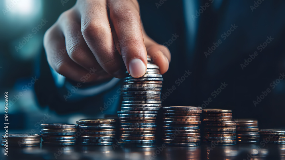 Business professional stacking coins on a table in a corporate office during daytime Business professional stacking coins on a table in a corporate office during daytime