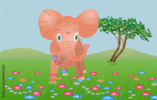 Baby elephant plucking a bouquet of wildflowers for his mother. Vector illustration.