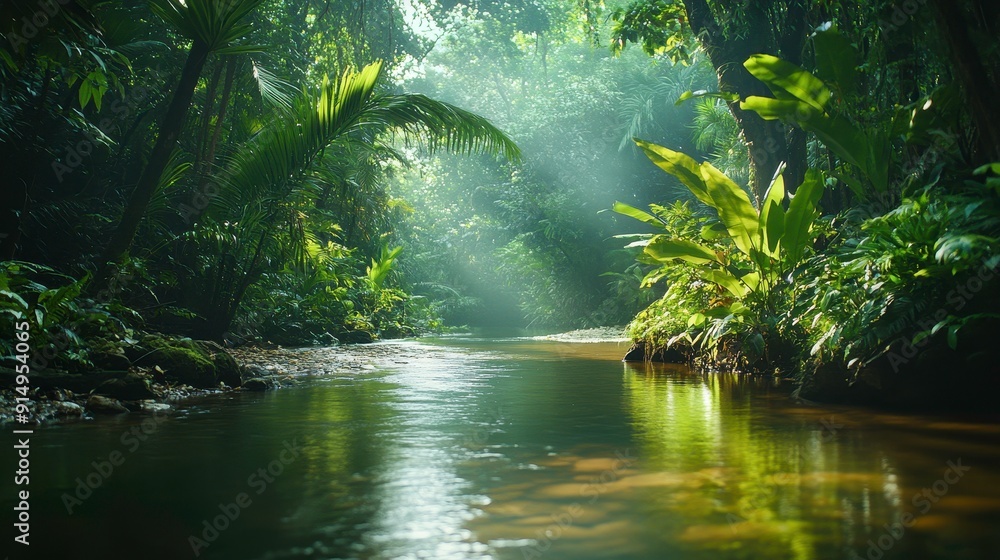 Obraz premium A serene river winding through a dense jungle, breathtaking 4k resolution, super-resolution preserves nuances with some grain