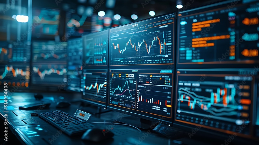 A detailed image of a cryptocurrency trading interface with traditional stock data, displayed on multiple screens. The office background is slightly blurred to emphasize the screens, A detailed image of a cryptocurrency trading interface with traditional stock data, displayed on multiple screens. The office background is slightly blurred to emphasize the screens,