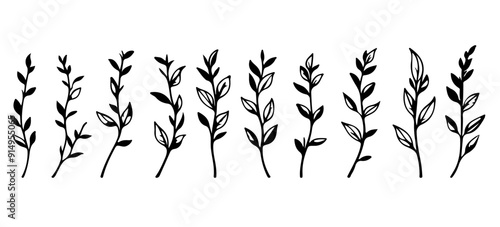 Simple Line Drawing Set Of Plants Black Sketch of Flowers Isolated on White Background. Flowers Linear Illustration. Minimalist Prints Set. Vector EPS 10.	