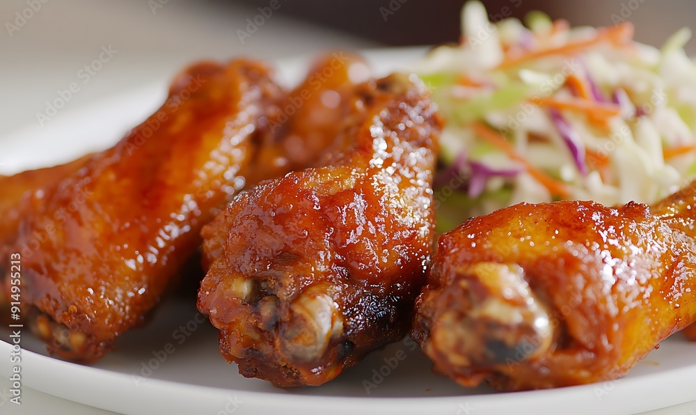 Closeup of Glazed Chicken Wings on a White Plate Closeup of Glazed Chicken Wings on a White Plate
