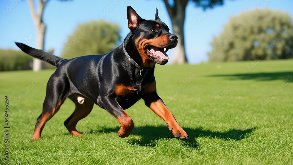 cute rottweiler dog playing on grass ground and lying on ground