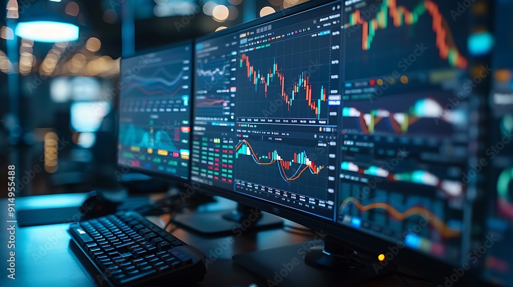 A detailed image of real-time stock market data on a computer screen, with multiple colorful charts and tickers. Office background with soft ambient light, A detailed image of real-time stock market data on a computer screen, with multiple colorful charts and tickers. Office background with soft ambient light,