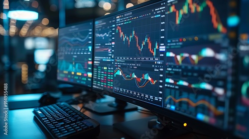 Wallpaper Mural A detailed image of real-time stock market data on a computer screen, with multiple colorful charts and tickers. Office background with soft ambient light, Torontodigital.ca