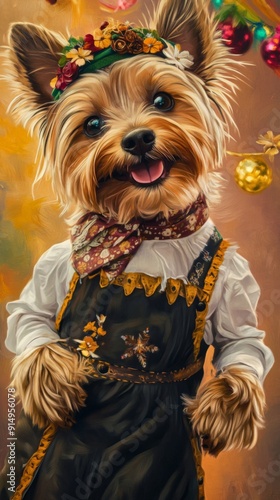 Bavarian Festive Cheer: A Joyful Yorkshire Terrier in Traditional Costume Reveling in the Beer Festival Jollity. photo