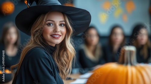 Businesswoman in a witch costume leading a Halloween marketing meeting, Halloween business, creative leadership