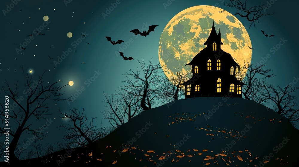An old, spooky house on top of a hill with a full moon An old, spooky house on top of a hill with a full moon