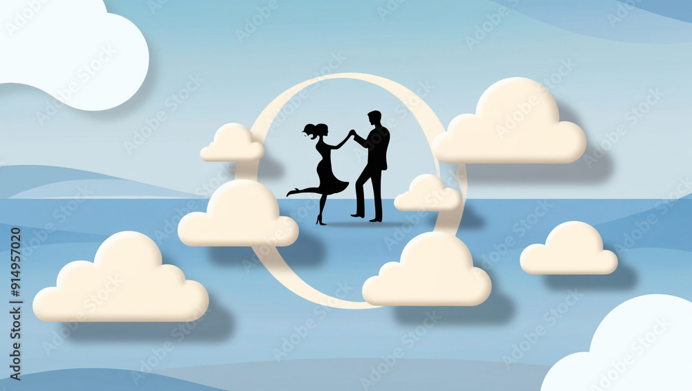 couple dancing in the clouds , flat design couple dancing in the clouds , flat design