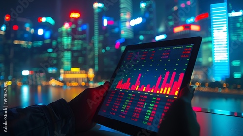 A dynamic photograph of a stock market heatmap displayed on a tablet screen, with various red and green blocks.