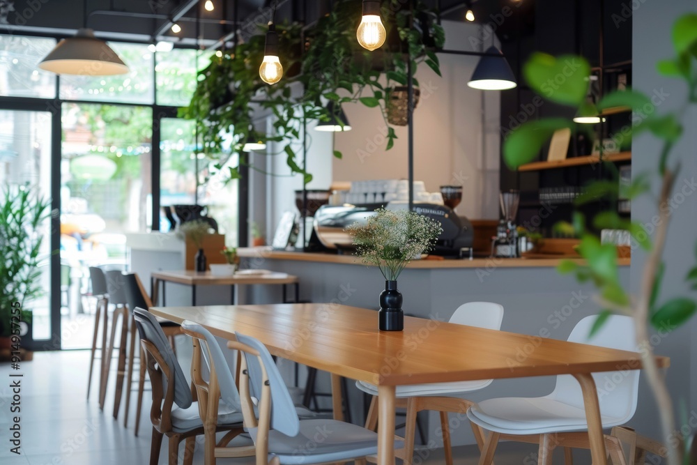 Fototapeta premium Experience contemporary charm in our modern cafe, featuring homemade offerings and a sleek design