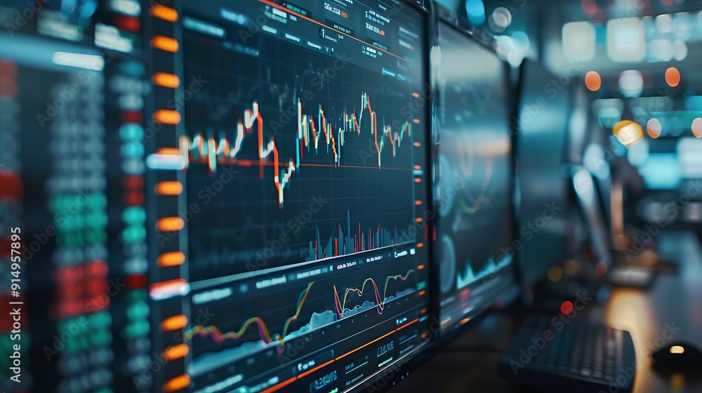 A high-definition close-up of a graphical user interface displaying stock trading algorithms, showing detailed charts and indicators on a large screen. A high-definition close-up of a graphical user interface displaying stock trading algorithms, showing detailed charts and indicators on a large screen.