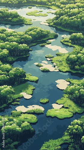 Aerial view of a lush green river landscape with various islands surrounded by dense forests and clear blue water on a sunny day.