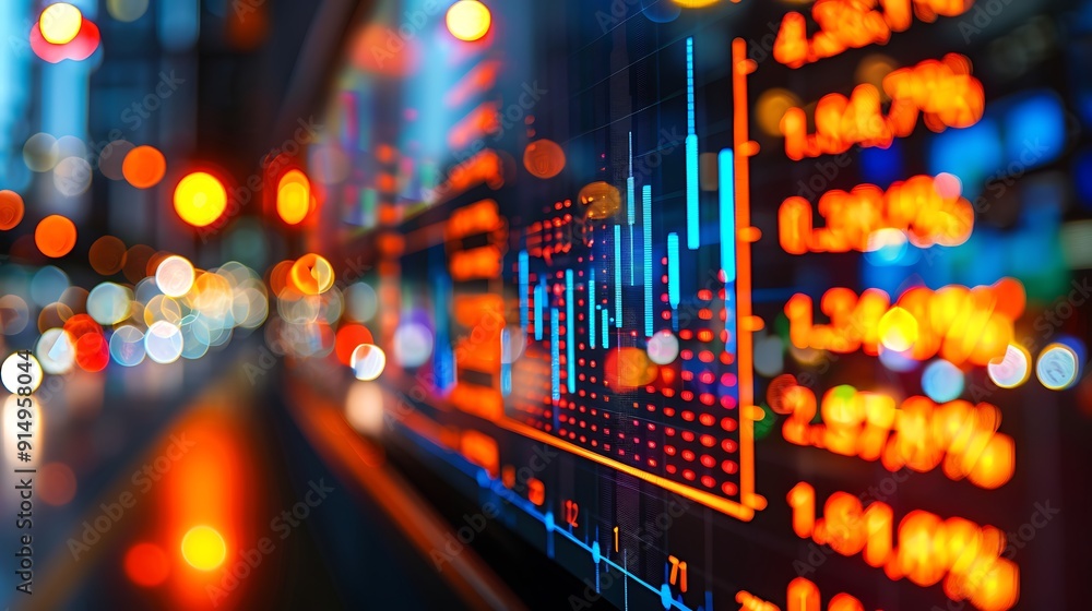 Obraz premium A high-definition close-up of a stock market dashboard with detailed graphs and indicators, displayed on a large screen. The office environment is sleek and well-organized,